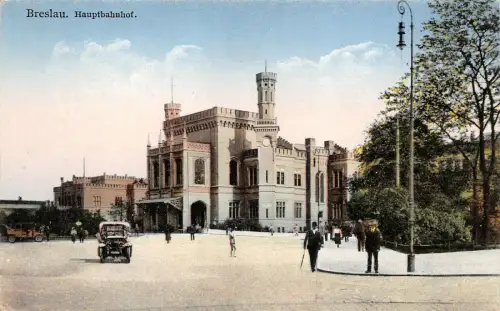 Breslau Hauptbahnhof Automobil AK