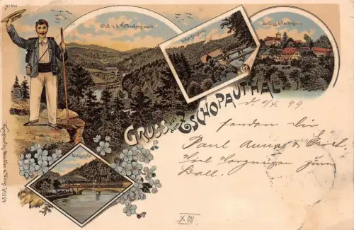 Gruss aus dem Zschopauthal Falkenhorstwand Scharfenstein Litho Postkarte AK 1899