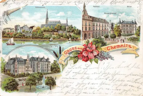 Gruss aus Chemnitz mit Carola-Hotel, Schlossteich, Rathaus Sachsen AK 1899