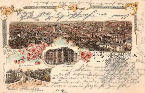 Plauen Vogtland Industrieschule, Bahnhof Strasse Litho 1899