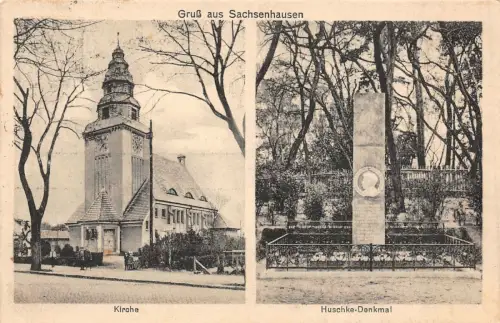 Gruß aus Sachsenhausen Kirche Huschke-Denkmal AK 1908