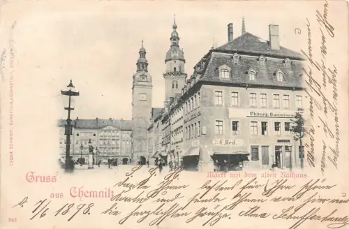 Gruss aus Chemnitz Markt mit dem alten Rathaus Postkarte AK 1898