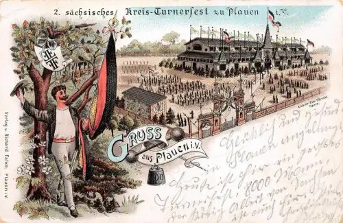 Gruss aus Plauen i. V. 2. sächsische Kreis-Turnerfest Postkarte AK 1897