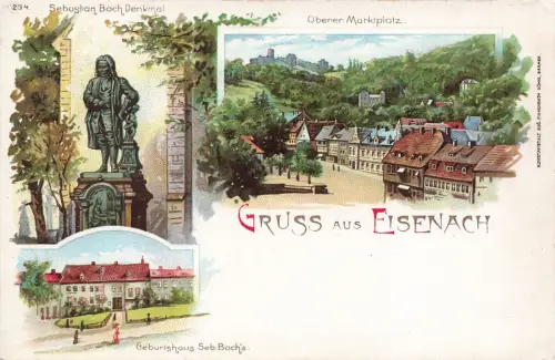 Gruss aus Eisenach mit Bach Denkmal u. Geburtshaus Thüringen Litho Postkarte AK