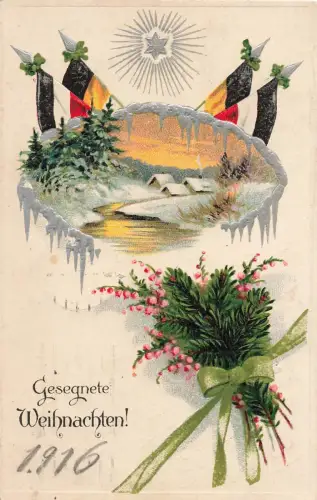 Gesegnete Weihnachten! mit Stern und Reichsfahne Postkarte Geprägt AK 1916