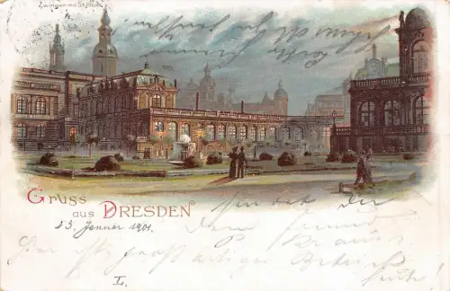 Gruss aus Dresden Zwinger mit Schloss Litho Postkarte 1901