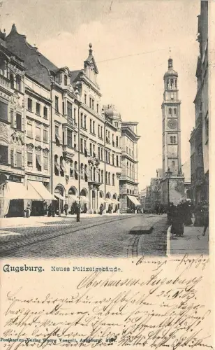 Straßenansicht und Neues Polizeigebäude in Augsburg Bayern Postkarte AK 1903