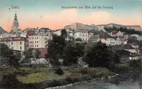 Glatz Schlesien Neissepartie , Blick auf die Festung Postkarte 1915