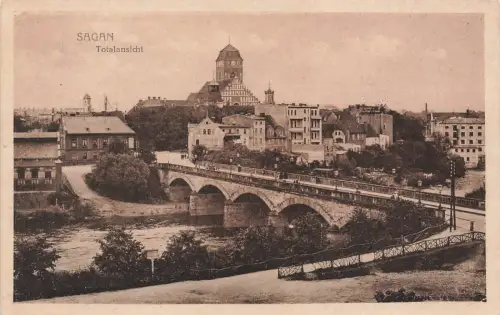 Totalansicht mit Brücke in Sagan Schlesien Postkarte AK 1920