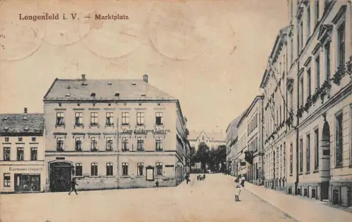 Lengenfeld Vogtland Marktplatz Restaurant Zum goldenen Löwen Postkarte 1921