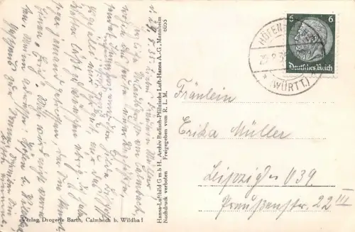 Flugzeugaufnahme vom Luftkurort Calmbach b. Wildbad Postkarte AK 1935