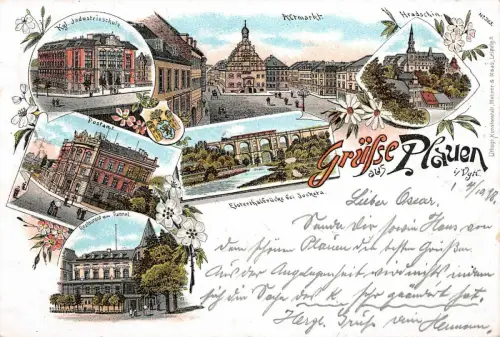 Gruß aus Plauen Restaurant und Postamt Vogtland Sachsen Litho Postkarte AK 1899