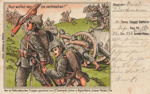 Soldaten im Felde, Nun wollen wir sie verdreschen! Patriotika Postkarte AK 1915