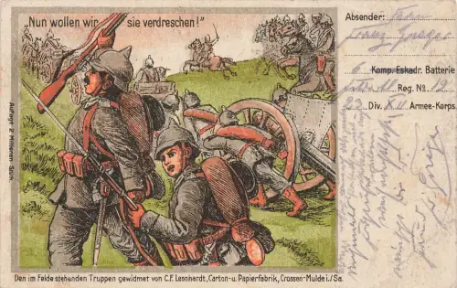 Nun wollen wir sie verdreschen! Soldaten Postkarte AK 1914