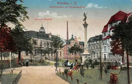 Johannisplatz mit Kriegerdenkmal und Postamt Werdau Sachsen Postkarte AK 1917