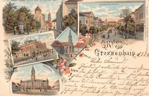 Grossenhain Poststrasse, Bahnhofstrasse Litho 1897