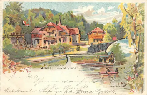 Gruss aus der Meierei Lössnitzgrund mit Gondelteich Sachsen Postkarte AK 1899
