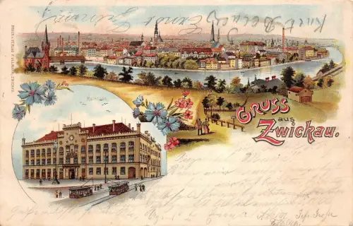 Gruß aus Zwickau mit Bahnhof Sachsen Litho Postkarte AK 1900