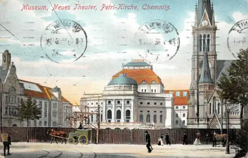 Neues Theater, Museum und Petri-Kirche Chemnitz Sachsen Postkarte AK 1912