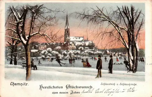 Schlossteich und Schlosskirche Chemnitz im Winter Sachsen Postkarte AK 1903