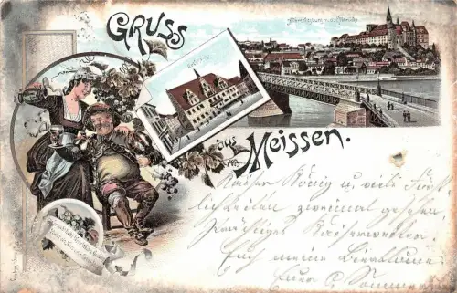 Gruß aus Meissen mit Rathaus und Albrechtsburg Sachsen Litho Postkarte AK 1896