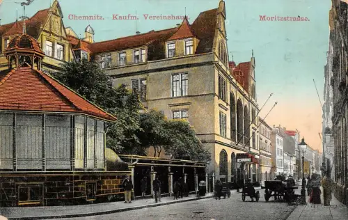 Vereinshaus und Moritzstraße Chemnitz Sachsen Postkarte AK 1914