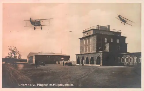 Chemnitz Flughof m. Flugzeughalle Postkarte 1929