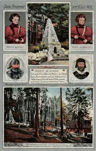 Sächsischer Prinzenraub mit Denkmal Fürstenbrunn Schwarzenberg Sachsen AK 1923