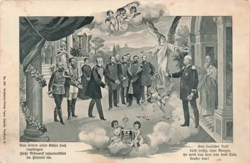 Von seinem alten Kaiser froh empfangen zieht Bismarck im Himmel ein Postkarte AK