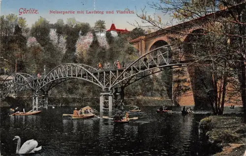 Neissepartie mit Laufsteg und Viadukt in Görlitz Sachsen Postkarte AK 1918