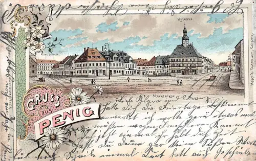 Gruß aus Penig Marktplatz Litho Postkarte 1908