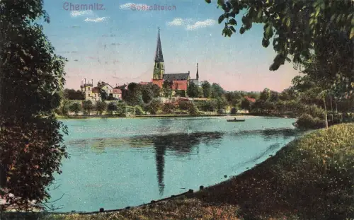 Schlossteich mit Petrikirche Chemnitz Sachsen Postkarte AK 1920