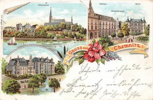 Gruss aus Chemnitz Schlossteich Rathaus Börse Beckerdenkmal Postkarte AK 1898