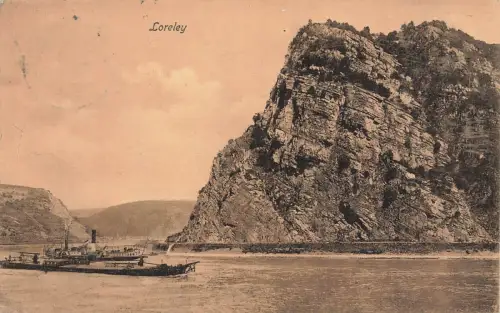 Dampfschiff am Schieferfelsen Loreley Rheinland-Pfalz Postkarte AK 1908