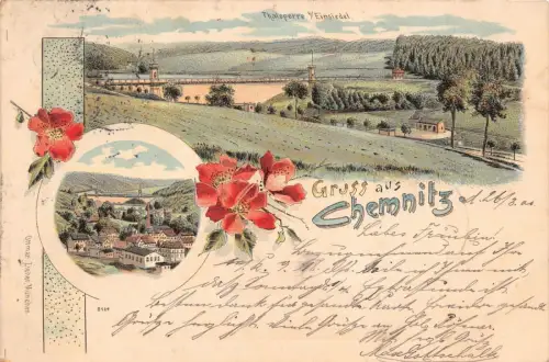 Gruss aus Chemnitz Talsperre b/Einsiedel Litho Postkarte 1900