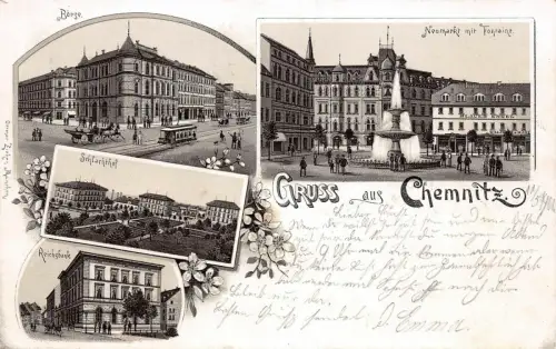 Gruss aus Chemnitz Neumarkt mit Fontaine Börse Reichsbank Schlachthof AK 1901