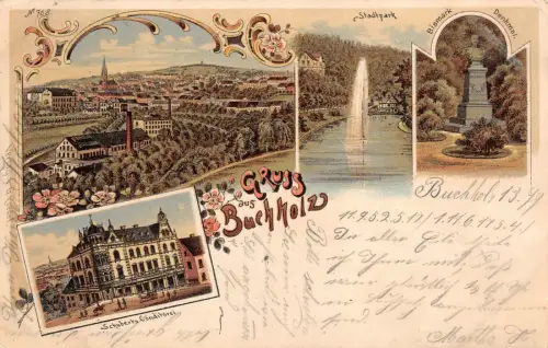 Gruss aus Buchholz mit Conditorei, Denkmal und Stadtpark Sachsen Litho AK 1899