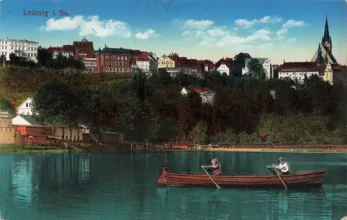 Partie an der Mulde mit Kirche in Leisnig Sachsen Postkarte AK 1915