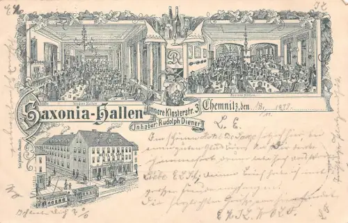 Chemnitz Sachsen Klosterstrasse Restaurant Saxonia - Hallen Postkarte 1899