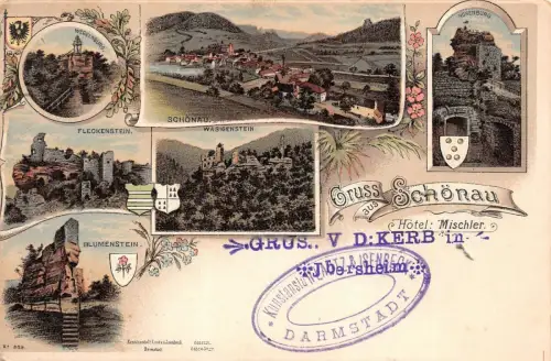 Gruss aus Schönau Hotel Mischler Wegelnburg Fleckenstein Blumenstein AK