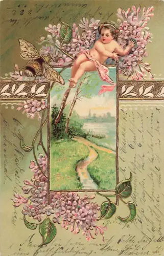 Gruß Postkarte nackte Engel mit Bine geprägt 1903