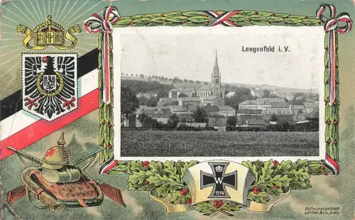 Blick auf Lengenfeld mit Kirche und EK2 Vogtland Sachsen Postkarte AK 1915
