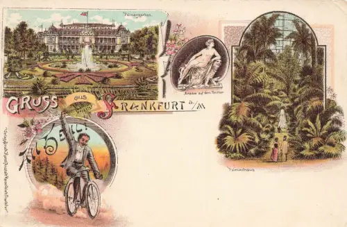 Gruss aus Frankfurt am Main mit Palmengarten und Palmenhaus Hessen Litho AK