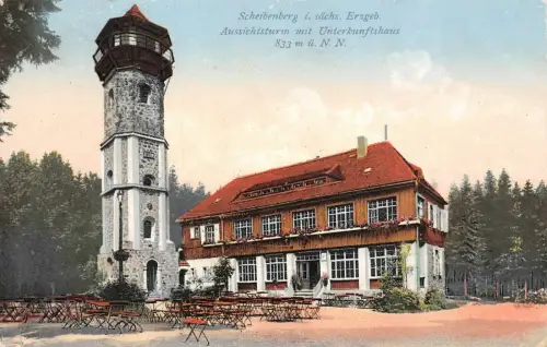 Scheibenberg i. sächs. Erzgeb. Aussichtsturm mit Unterkunftshaus Postkarte 1925