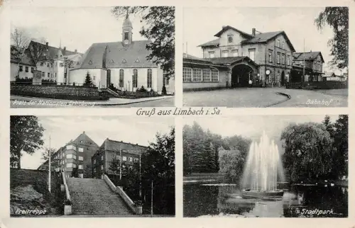 Gruß aus Limbach i. Sa. Bahnhof Freitreppe Stadtpark Postkarte AK