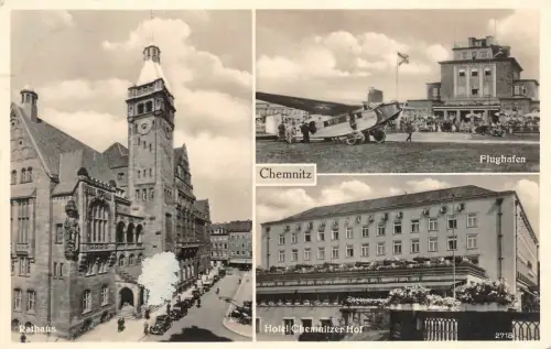 Rathaus, Flughafen und Hotel Chemnitz Sachsen Postkarte AK 1939