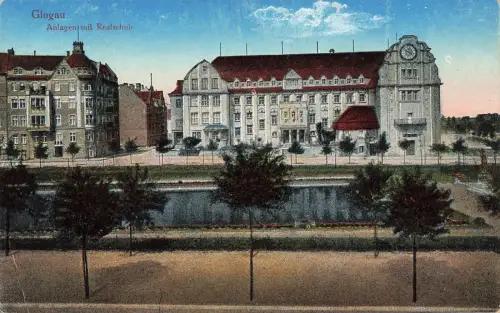 Anlagen mit Realschule in Glogau Głogów Schlesien Postkarte AK 1917
