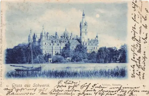 Gruß aus Schwerin mit Blick auf Schloss Mecklenburg-Vorpommern Postkarte AK 1899
