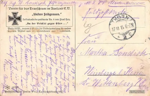 Paul Hey Soldatenliederpostkarte Nr. 4 Unsere Feldgrauen Weichsel Osten AK 1915