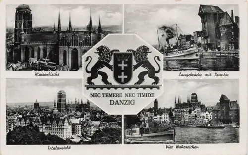 Krantor, Marienkirche und Vier Wahrzeichen in Danzig Postkarte AK 1925